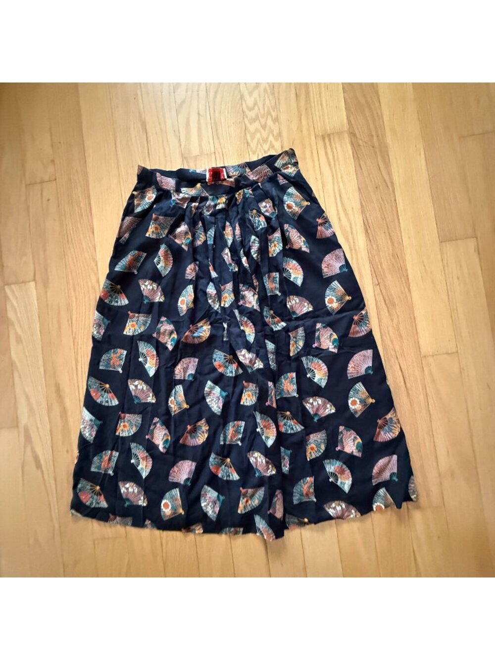 Vtg Classic of Boston Fan Printed Pattern Black Long Skirt